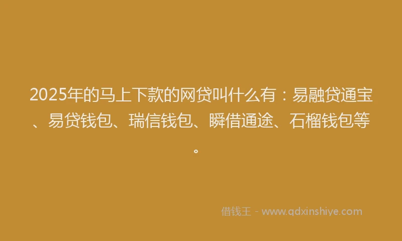2025年的马上下款的网贷叫什么有：易融贷通宝、易贷钱包、瑞信钱包、瞬借通途、石榴钱包等。