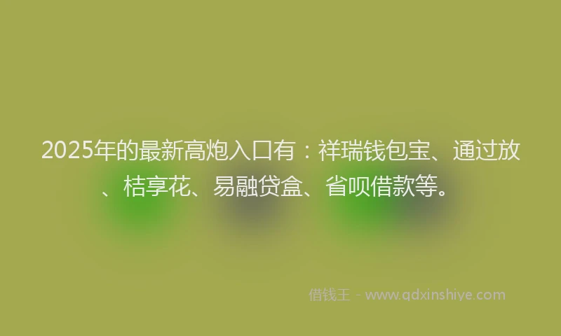2025年的最新高炮入口有：祥瑞钱包宝、通过放、桔享花、易融贷盒、省呗借款等。