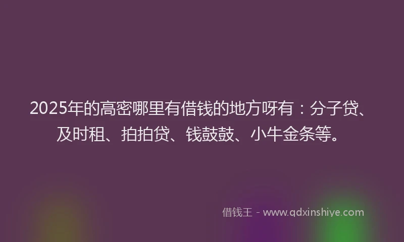 2025年的高密哪里有借钱的地方呀有：分子贷、及时租、拍拍贷、钱鼓鼓、小牛金条等。
