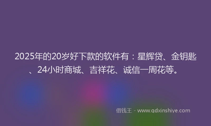 2025年的20岁好下款的软件有：星辉贷、金钥匙、24小时商城、吉祥花、诚信一周花等。