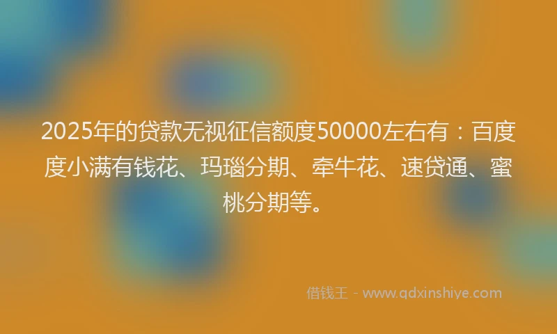 2025年的贷款无视征信额度50000左右有：百度度小满有钱花、玛瑙分期、牵牛花、速贷通、蜜桃分期等。