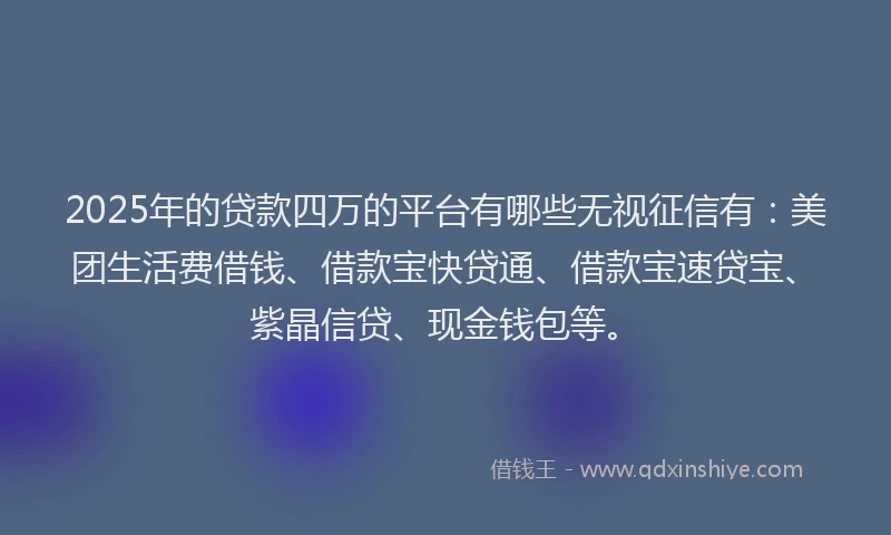 2025年的贷款四万的平台有哪些无视征信有：美团生活费借钱、借款宝快贷通、借款宝速贷宝、紫晶信贷、现金钱包等。