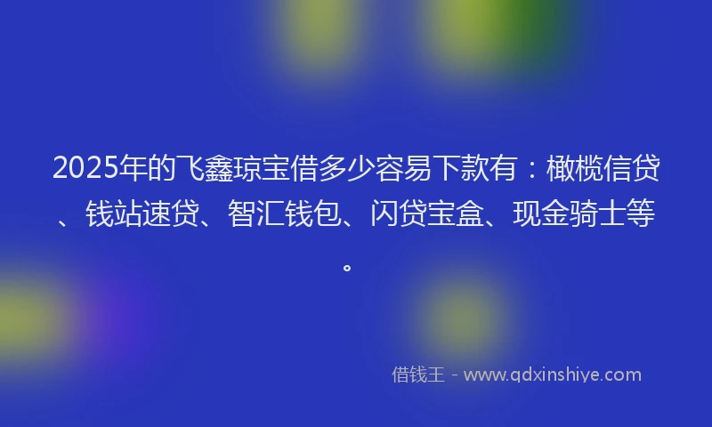 2025年的飞鑫琼宝借多少容易下款有：橄榄信贷、钱站速贷、智汇钱包、闪贷宝盒、现金骑士等。