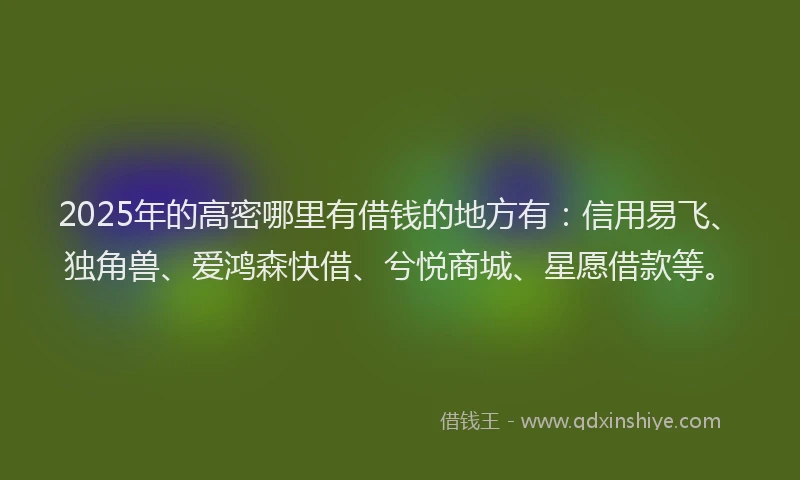 2025年的高密哪里有借钱的地方有：信用易飞、独角兽、爱鸿森快借、兮悦商城、星愿借款等。