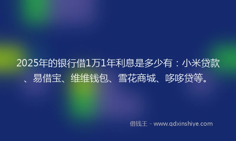 2025年的银行借1万1年利息是多少有：小米贷款、易借宝、维维钱包、雪花商城、哆哆贷等。