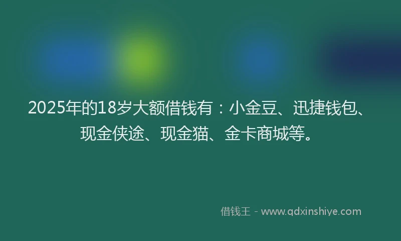 2025年的18岁大额借钱有：小金豆、迅捷钱包、现金侠途、现金猫、金卡商城等。