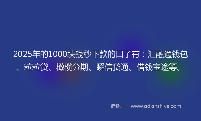 2025年的1000块钱秒下款的口子有：汇融通钱包、粒粒贷、橄榄分期、瞬信贷通、借钱宝途等。