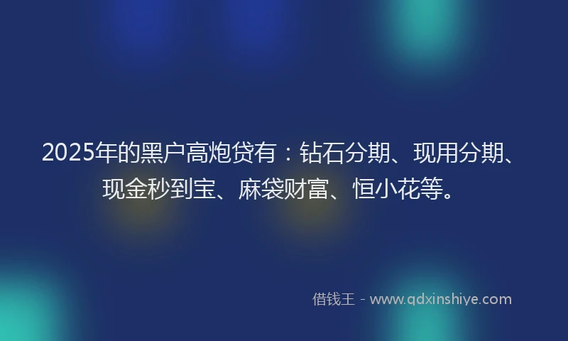 2025年的黑户高炮贷有：钻石分期、现用分期、现金秒到宝、麻袋财富、恒小花等。