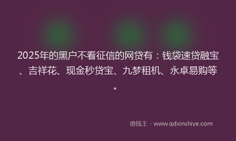 2025年的黑户不看征信的网贷有：钱袋速贷融宝、吉祥花、现金秒贷宝、九梦租机、永卓易购等。
