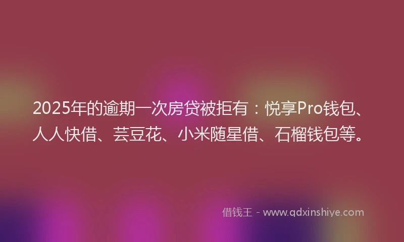 2025年的逾期一次房贷被拒有：悦享Pro钱包、人人快借、芸豆花、小米随星借、石榴钱包等。