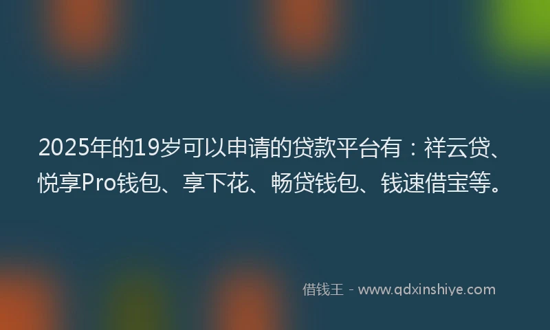 2025年的19岁可以申请的贷款平台有：祥云贷、悦享Pro钱包、享下花、畅贷钱包、钱速借宝等。