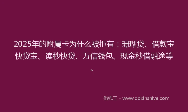 2025年的附属卡为什么被拒有：珊瑚贷、借款宝快贷宝、读秒快贷、万信钱包、现金秒借融途等。