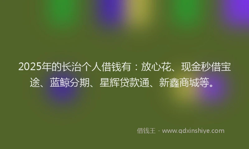 2025年的长治个人借钱有：放心花、现金秒借宝途、蓝鲸分期、星辉贷款通、新鑫商城等。