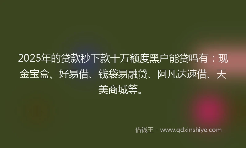 2025年的贷款秒下款十万额度黑户能贷吗有：现金宝盒、好易借、钱袋易融贷、阿凡达速借、天美商城等。
