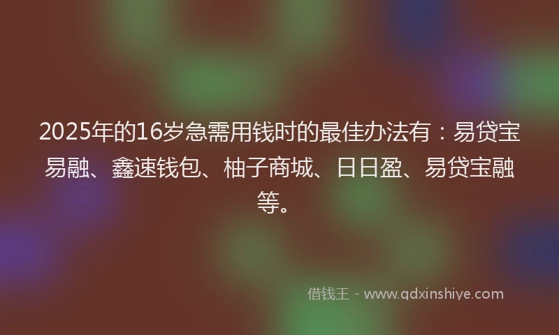 2025年的16岁急需用钱时的最佳办法有：易贷宝易融、鑫速钱包、柚子商城、日日盈、易贷宝融等。