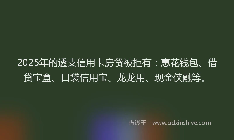 2025年的透支信用卡房贷被拒有：惠花钱包、借贷宝盒、口袋信用宝、龙龙用、现金侠融等。