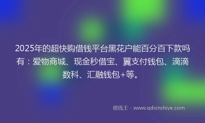 2025年的超快购借钱平台黑花户能百分百下款吗有：爱物商城、现金秒借宝、翼支付钱包、滴滴数科、汇融钱包+等。