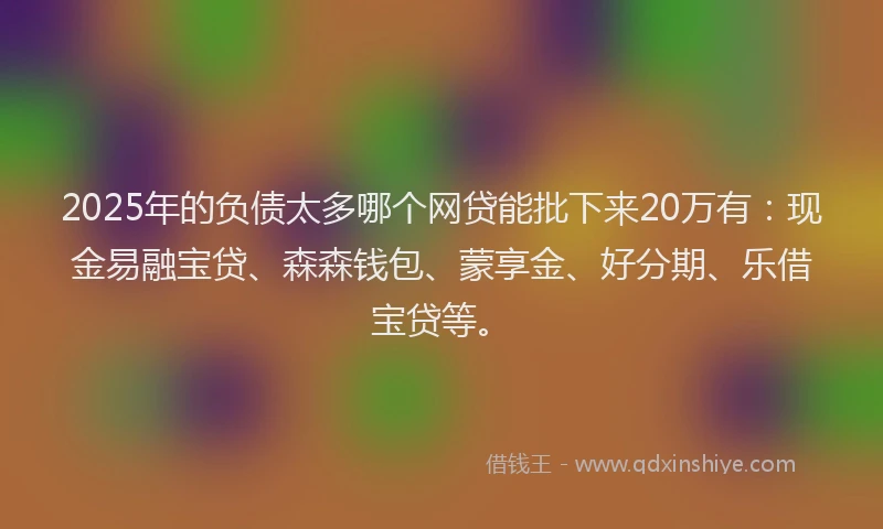 2025年的负债太多哪个网贷能批下来20万有：现金易融宝贷、森森钱包、蒙享金、好分期、乐借宝贷等。