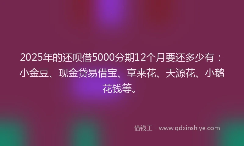 2025年的还呗借5000分期12个月要还多少有：小金豆、现金贷易借宝、享来花、天源花、小鹅花钱等。