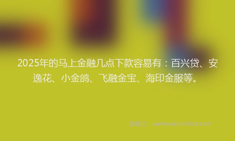 2025年的马上金融几点下款容易有：百兴贷、安逸花、小金鸽、飞融金宝、海印金服等。