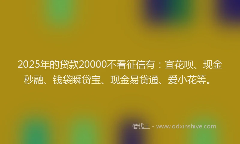 2025年的贷款20000不看征信有：宜花呗、现金秒融、钱袋瞬贷宝、现金易贷通、爱小花等。