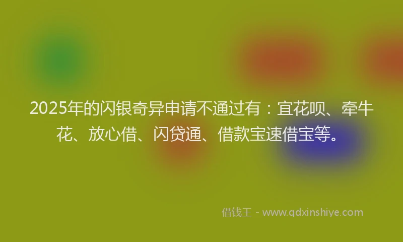 2025年的闪银奇异申请不通过有：宜花呗、牵牛花、放心借、闪贷通、借款宝速借宝等。