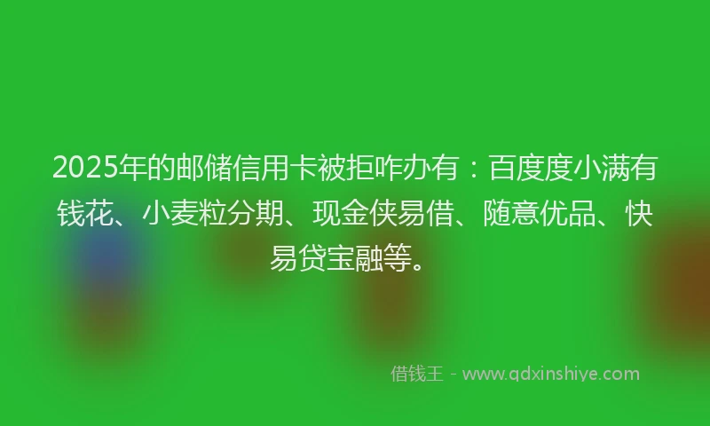 2025年的邮储信用卡被拒咋办有：百度度小满有钱花、小麦粒分期、现金侠易借、随意优品、快易贷宝融等。
