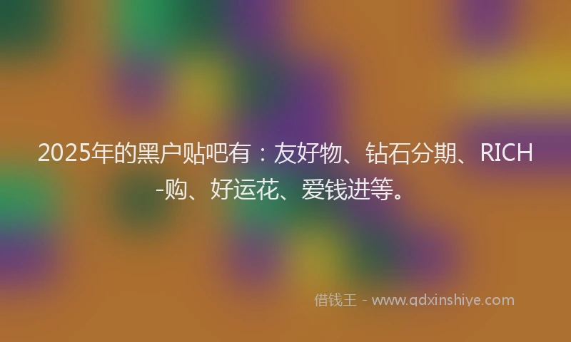 2025年的黑户贴吧有：友好物、钻石分期、RICH-购、好运花、爱钱进等。