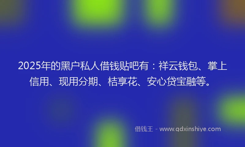 2025年的黑户私人借钱贴吧有：祥云钱包、掌上信用、现用分期、桔享花、安心贷宝融等。
