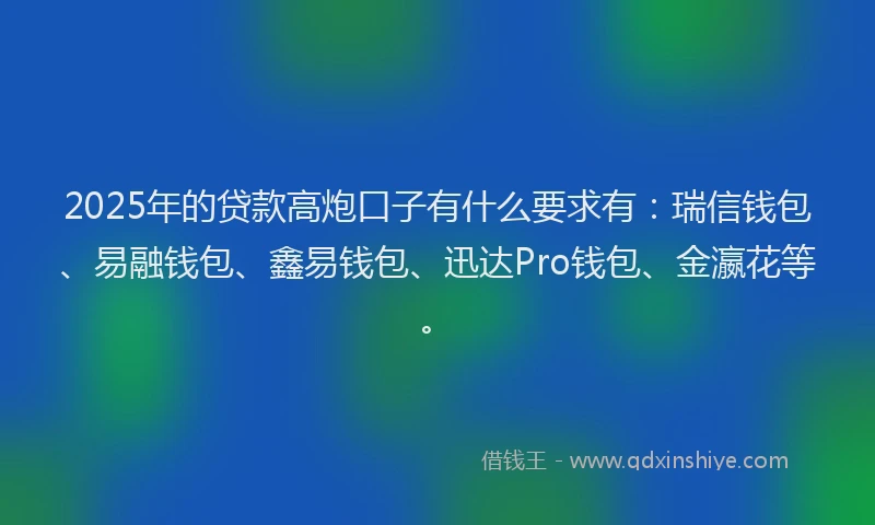 2025年的贷款高炮口子有什么要求有：瑞信钱包、易融钱包、鑫易钱包、迅达Pro钱包、金瀛花等。