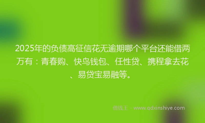 2025年的负债高征信花无逾期哪个平台还能借两万有：青春购、快鸟钱包、任性贷、携程拿去花、易贷宝易融等。
