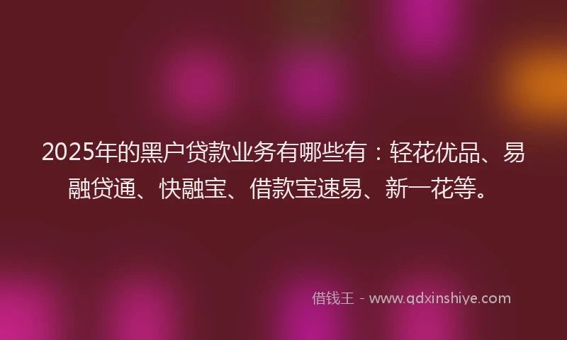 2025年的黑户贷款业务有哪些有：轻花优品、易融贷通、快融宝、借款宝速易、新一花等。
