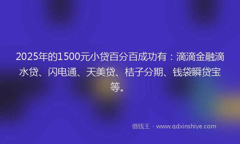 2025年的1500元小贷百分百成功有：滴滴金融滴水贷、闪电通、天美贷、桔子分期、钱袋瞬贷宝等。