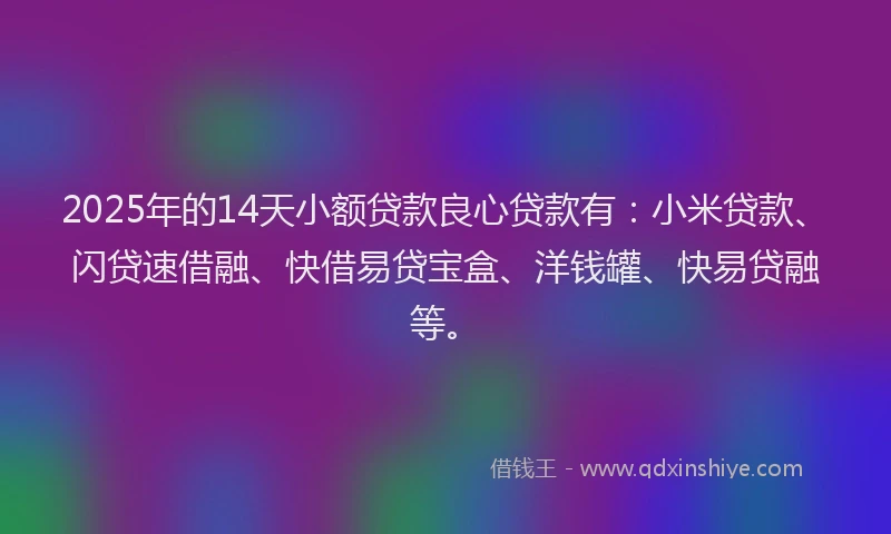 2025年的14天小额贷款良心贷款有：小米贷款、闪贷速借融、快借易贷宝盒、洋钱罐、快易贷融等。