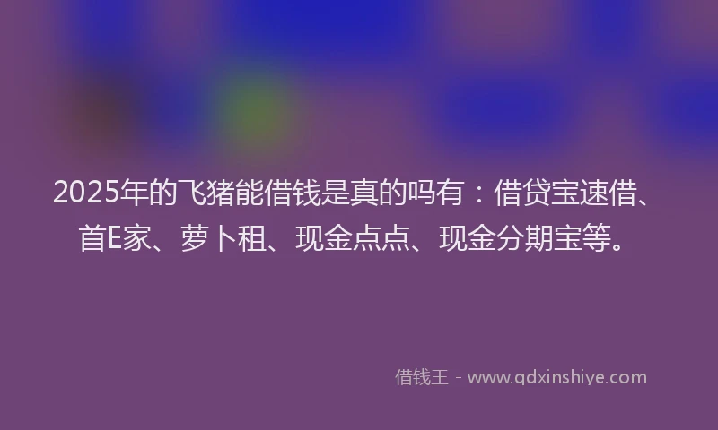 2025年的飞猪能借钱是真的吗有：借贷宝速借、首E家、萝卜租、现金点点、现金分期宝等。