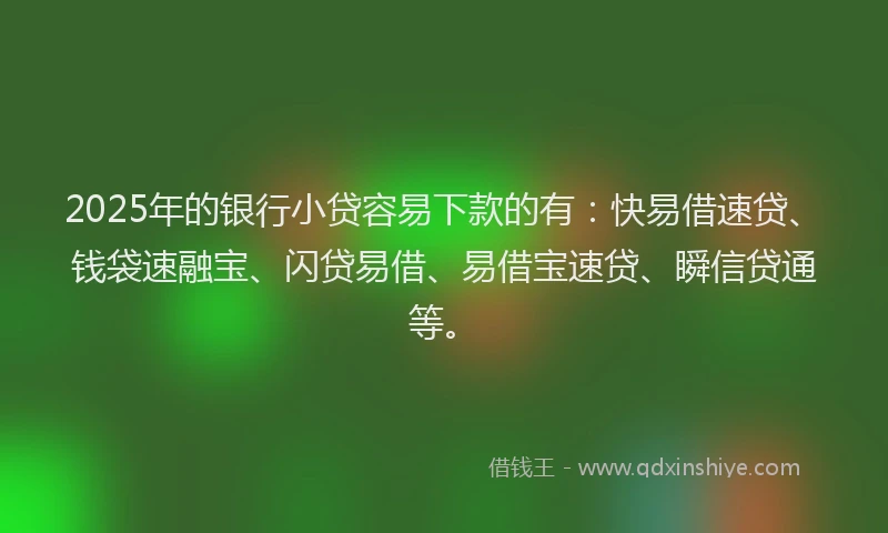 2025年的银行小贷容易下款的有：快易借速贷、钱袋速融宝、闪贷易借、易借宝速贷、瞬信贷通等。