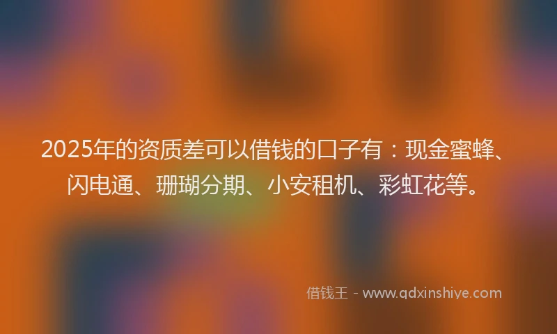 2025年的资质差可以借钱的口子有：现金蜜蜂、闪电通、珊瑚分期、小安租机、彩虹花等。