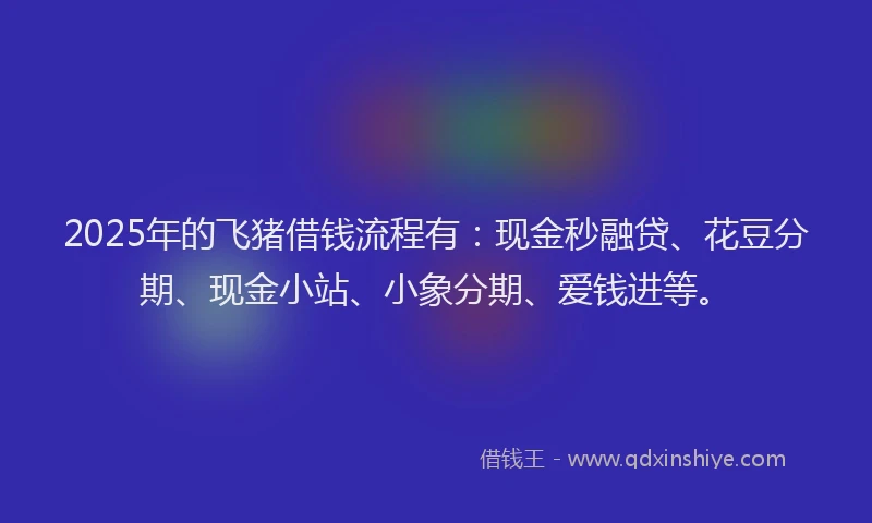 2025年的飞猪借钱流程有：现金秒融贷、花豆分期、现金小站、小象分期、爱钱进等。