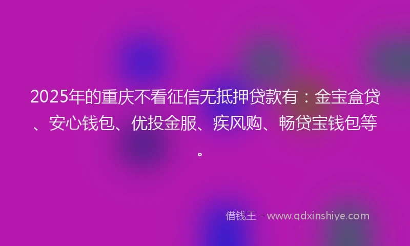 2025年的重庆不看征信无抵押贷款有：金宝盒贷、安心钱包、优投金服、疾风购、畅贷宝钱包等。