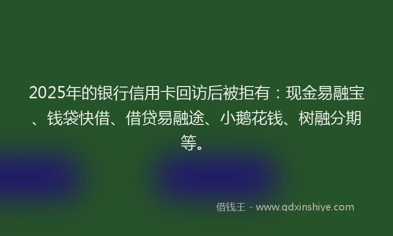 2025年的银行信用卡回访后被拒有：现金易融宝、钱袋快借、借贷易融途、小鹅花钱、树融分期等。