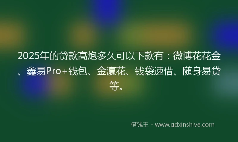 2025年的贷款高炮多久可以下款有：微博花花金、鑫易Pro+钱包、金瀛花、钱袋速借、随身易贷等。