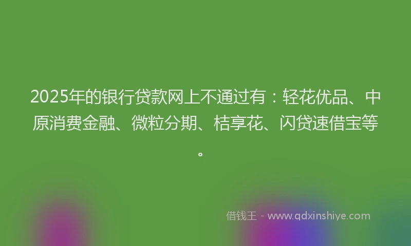 2025年的银行贷款网上不通过有：轻花优品、中原消费金融、微粒分期、桔享花、闪贷速借宝等。