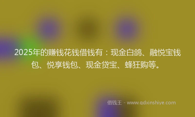 2025年的赚钱花钱借钱有：现金白鸽、融悦宝钱包、悦享钱包、现金贷宝、蜂狂购等。