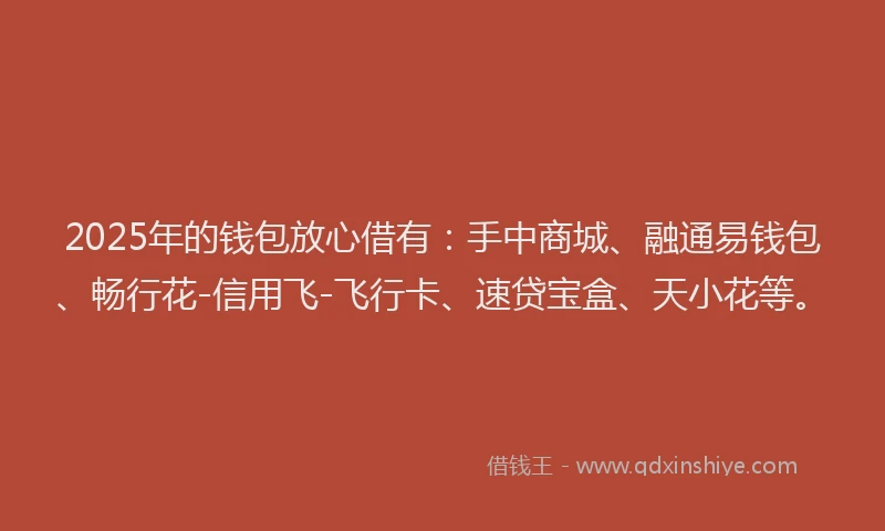 2025年的钱包放心借有：手中商城、融通易钱包、畅行花-信用飞-飞行卡、速贷宝盒、天小花等。