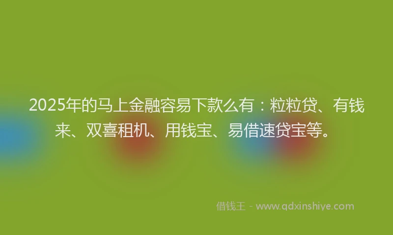 2025年的马上金融容易下款么有：粒粒贷、有钱来、双喜租机、用钱宝、易借速贷宝等。