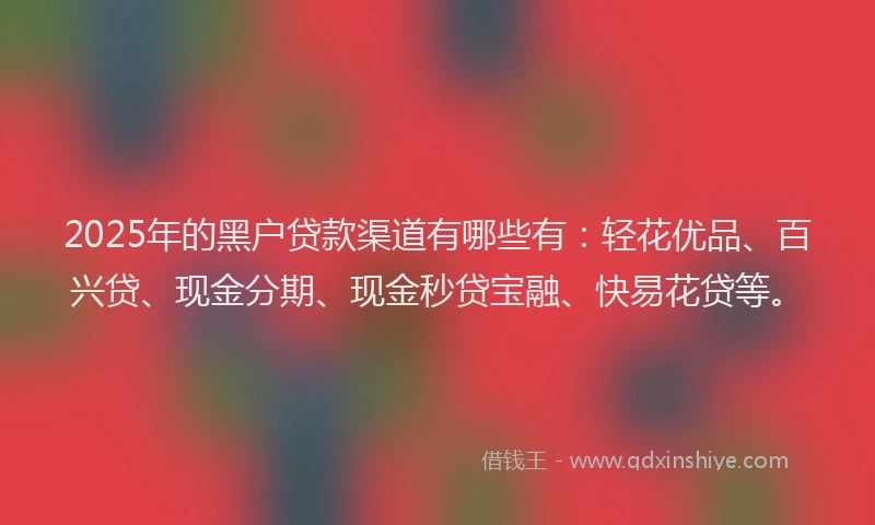 2025年的黑户贷款渠道有哪些有：轻花优品、百兴贷、现金分期、现金秒贷宝融、快易花贷等。