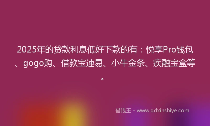 2025年的贷款利息低好下款的有：悦享Pro钱包、gogo购、借款宝速易、小牛金条、疾融宝盒等。