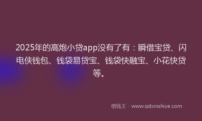 2025年的高炮小贷app没有了有：瞬借宝贷、闪电侠钱包、钱袋易贷宝、钱袋快融宝、小花快贷等。