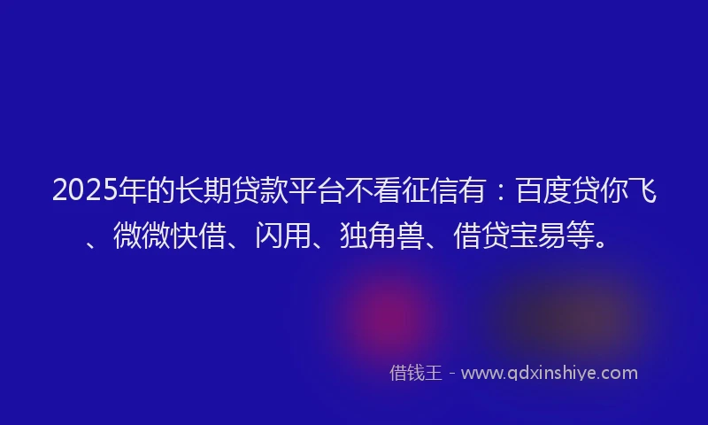 2025年的长期贷款平台不看征信有：百度贷你飞、微微快借、闪用、独角兽、借贷宝易等。