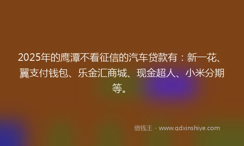 2025年的鹰潭不看征信的汽车贷款有：新一花、翼支付钱包、乐金汇商城、现金超人、小米分期等。